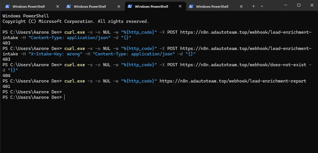 PowerShell showing 403, 403, 404 and 401 responses from the published webhooks