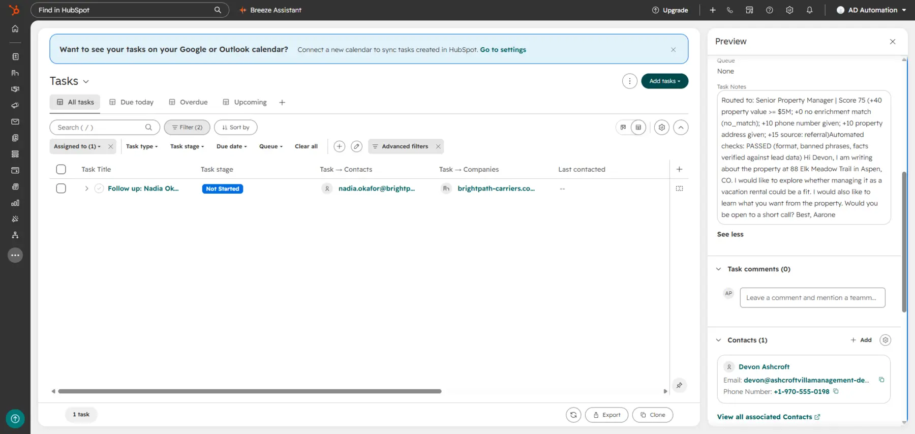 HubSpot review task listing the score reasons, the automated checks result and the draft email
