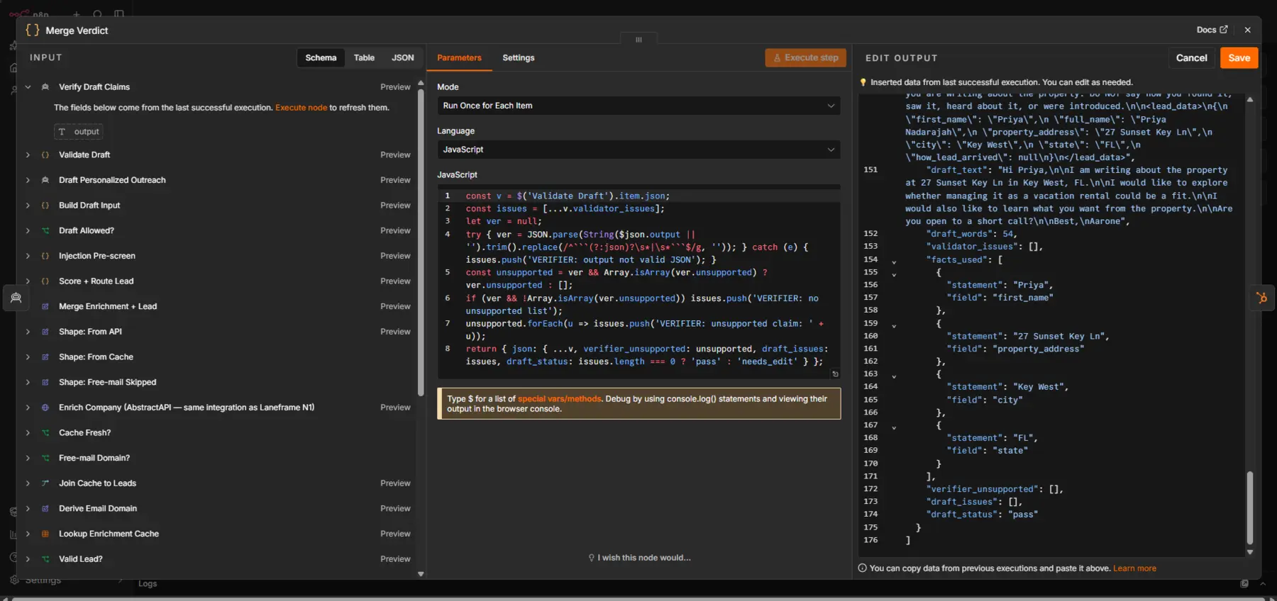 n8n Merge Verdict node output showing a draft with an empty unsupported-claims list and status pass