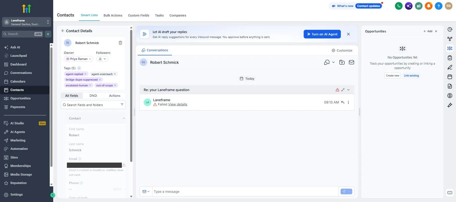 GoHighLevel contact record showing the escalated-human and out-of-scope tags, an assigned owner and no opportunities