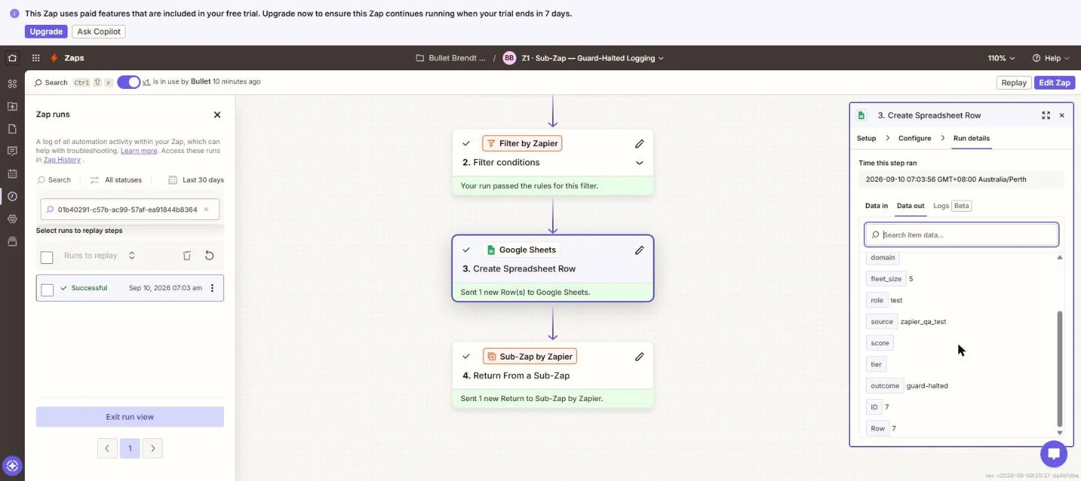 Zapier run detail showing a real Google Sheets row written by the guard-halted Sub-Zap, with outcome marked guard-halted