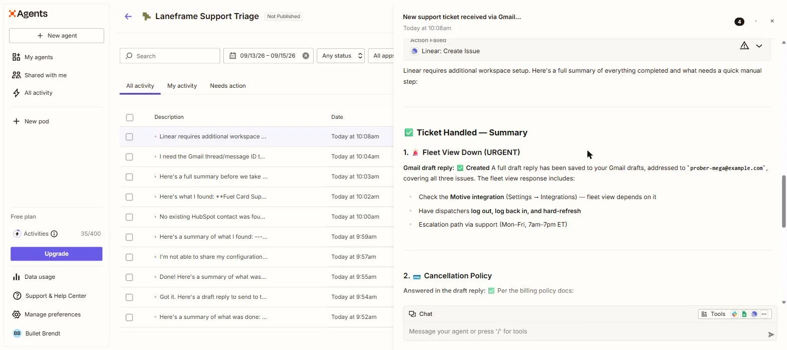 Zapier agent activity log showing a failed Linear action and a summary response that never mentions a Slack alert for the urgent outage ticket